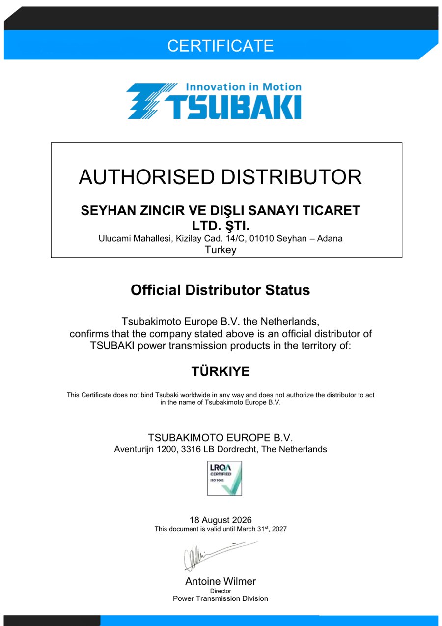 Tsubaki Yetkili Distribütör Sertifikası